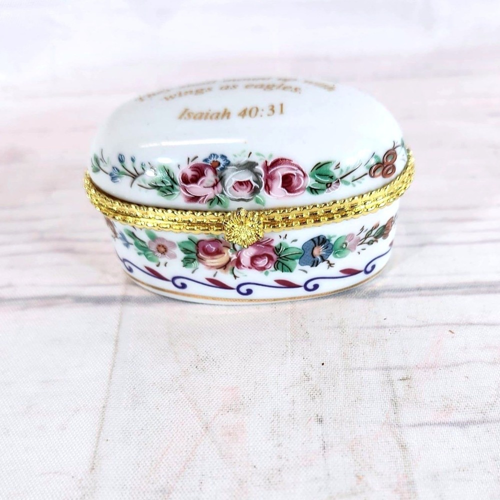 Imperial Porcelain Trinket Box White Floral Isaiah‎ 40:31 Scripture Oval Small